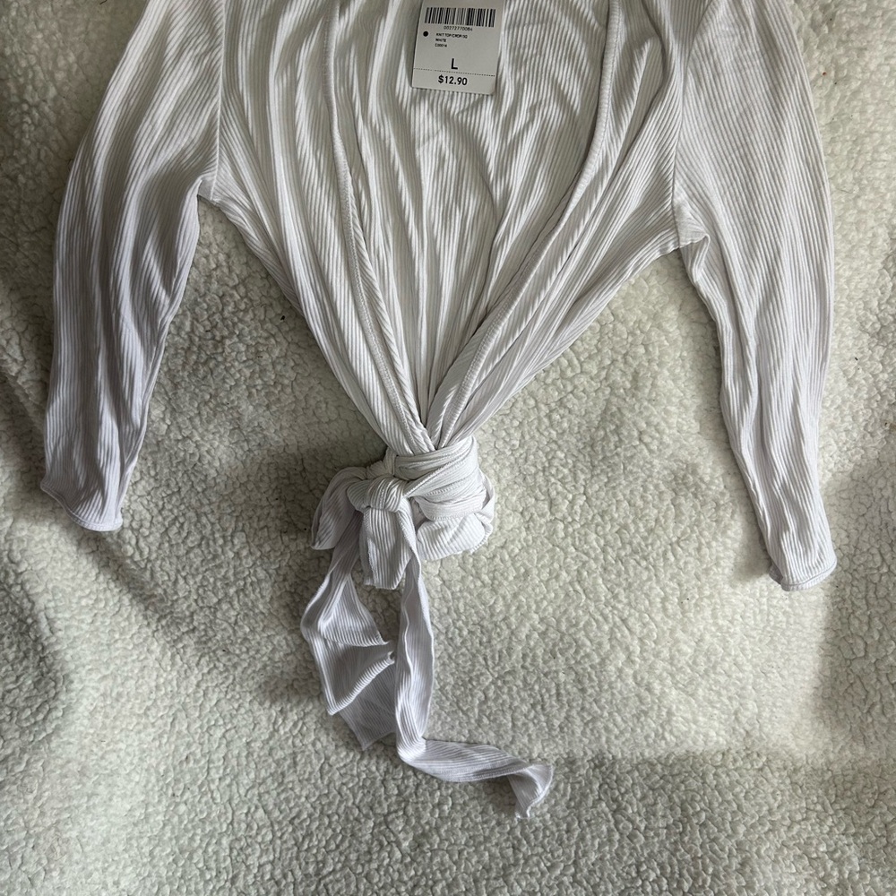 White Tie-Front Long Sleeve Top